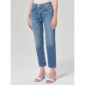 AGOLDE Riley Straight Leg Jeans Womens Sz 30 Frequency Blue Distressed Raw Hem